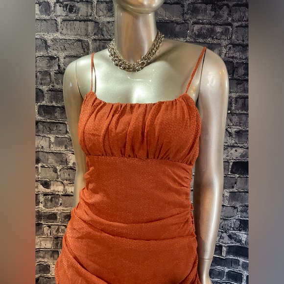 Rust Orange Burnout Velvet Ruched Mini Dress - Picture 7 of 11